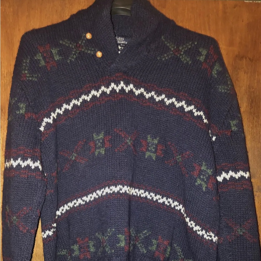 Vintage blue sweater shawl collar 2 wood button men’s size large nice and warm